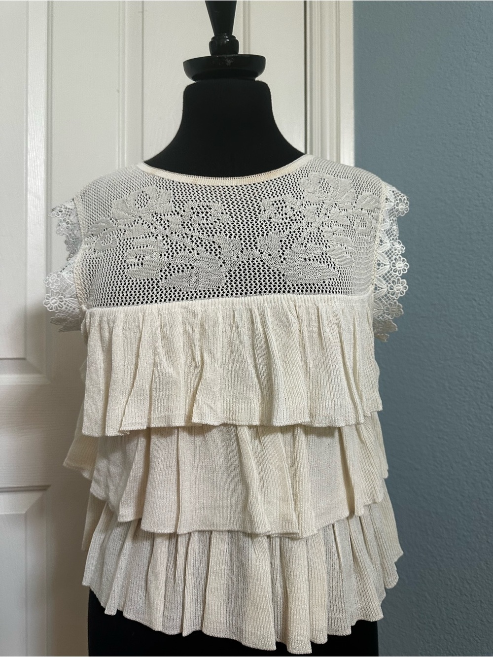 Women's Cream Crochet Yoke Ruffled Tank Top
